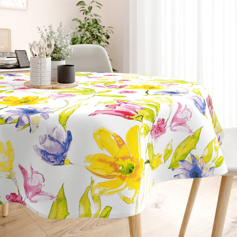 Pamut asztalterítő - akvarell virágok - kör alakú