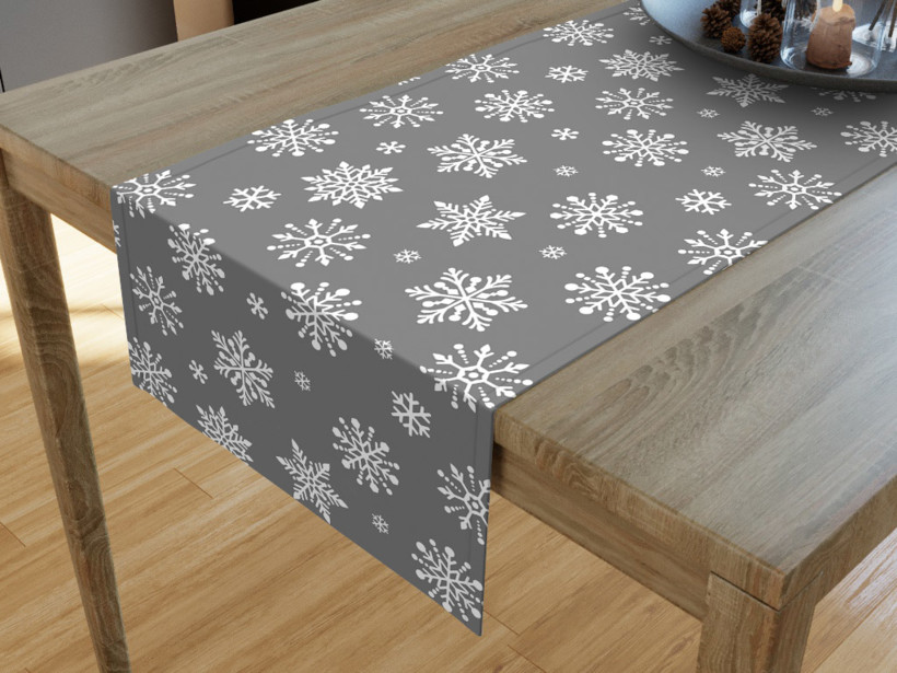 Karácsonyi pamut asztali futó - hópihe mintás szürke alapon
