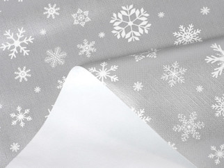 Textil hátoldalú pvc terítő - Karácsonyi mintás, hópihék szürke alapon - méteráru 140 cm széles