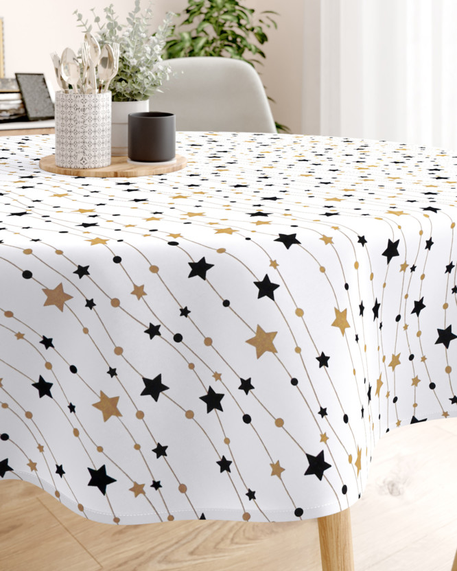 Karácsonyi pamut asztalterítő - arany és fekete csillagok fehér alapon - kör alakú