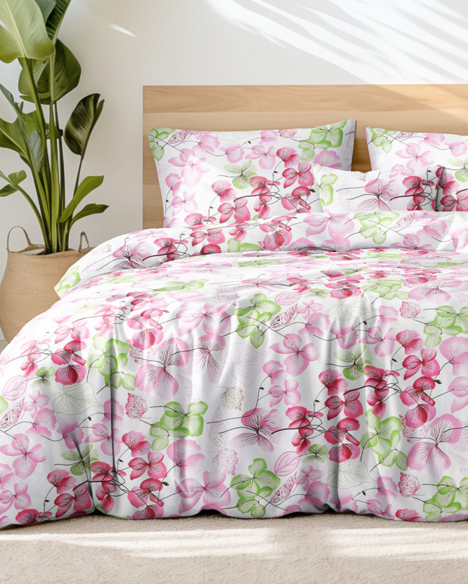 Pamut ágyneműhuzat - rózsaszín - zöld virágok és levelek