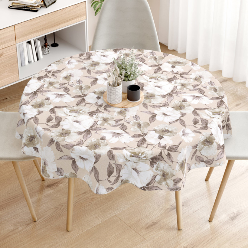 Loneta dekoratív asztalterítő - barna - fehér virágok és levelek - kör alakú