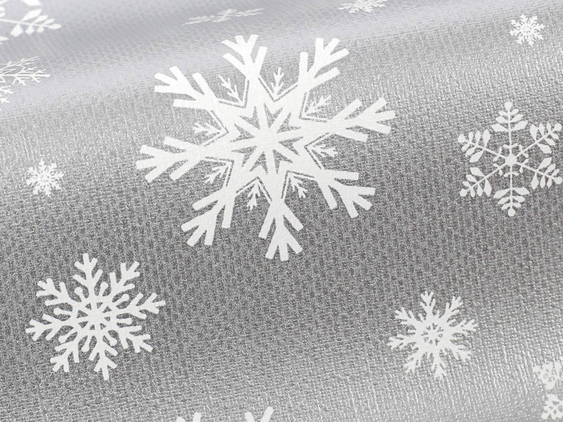 Textil hátoldalú pvc terítő - Karácsonyi mintás, hópihék szürke alapon
