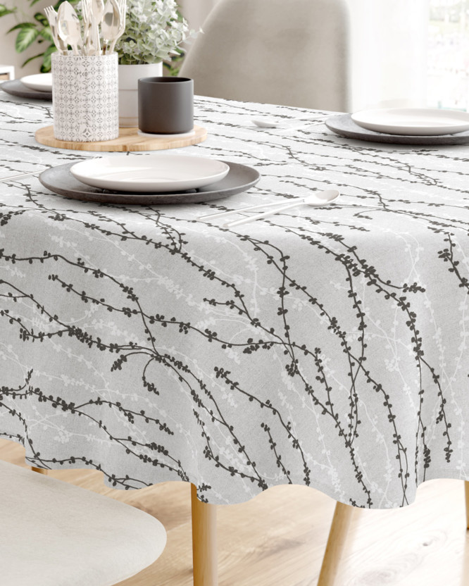 Loneta dekoratív asztalterítő - fekete - fehér ágak világosszürke alapon - ovális