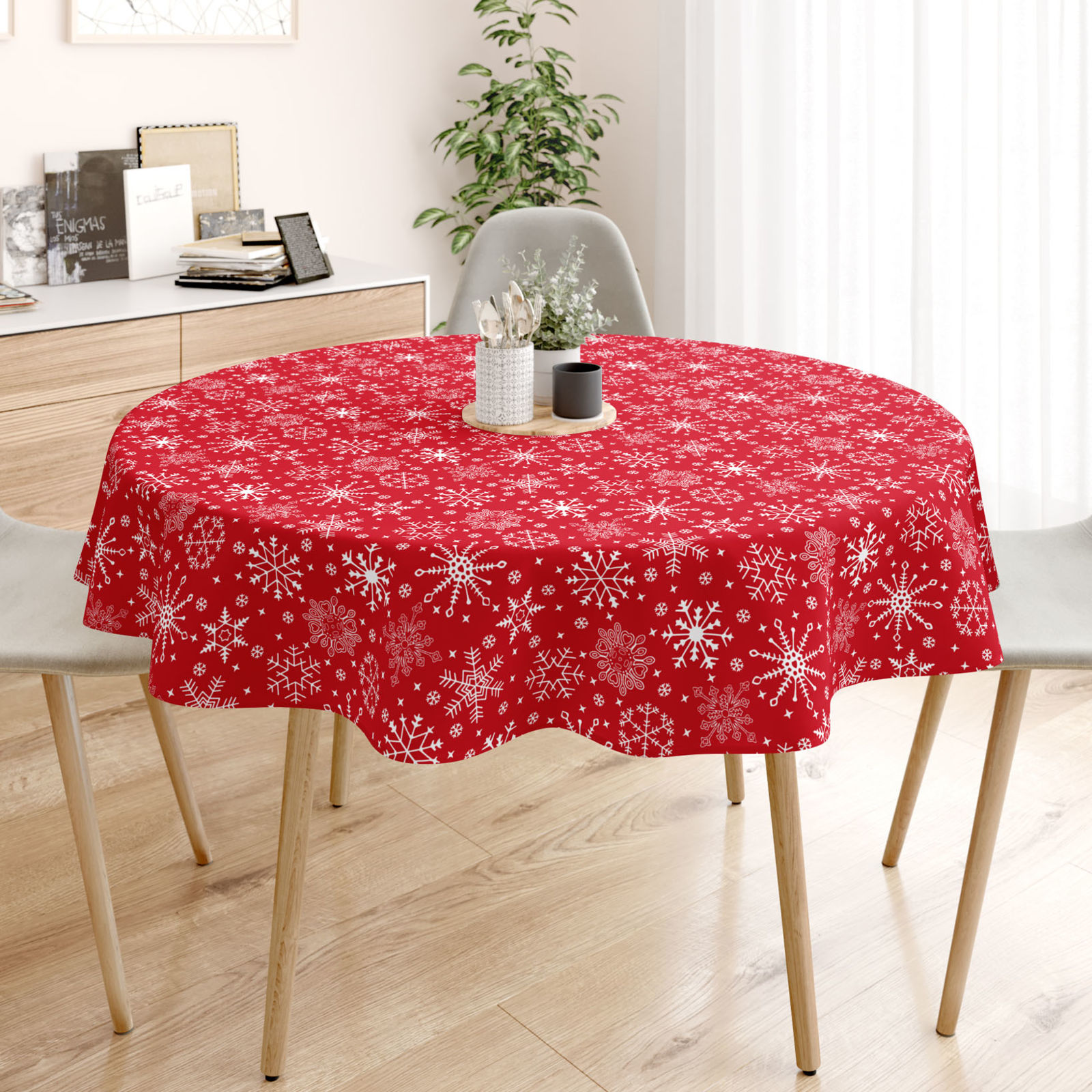 Karácsonyi pamut asztalterítő - ezüst hópihék piros alapon - kör alakú