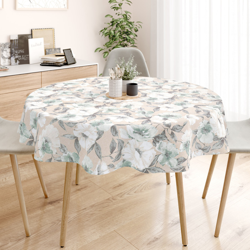 Loneta dekoratív asztalterítő - fehér és zsálya színű virágok - kör alakú
