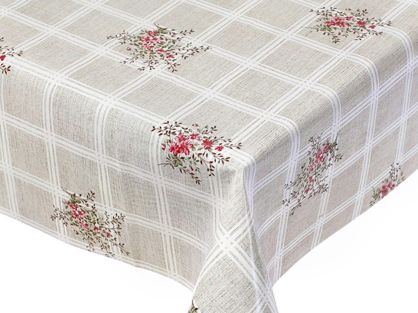 Textil hátoldalú pvc terítő - virágcsokrok kockás lapon