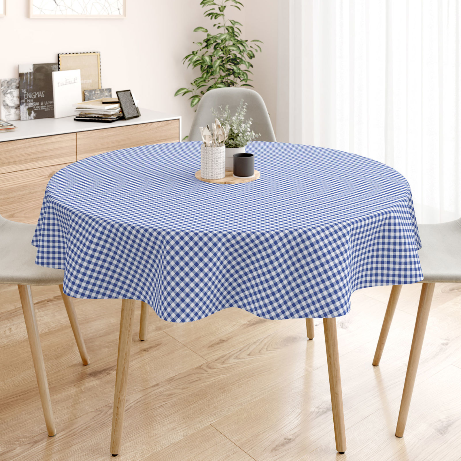 Pamut asztalterítő - kék - fehér kockás - kör alakú
