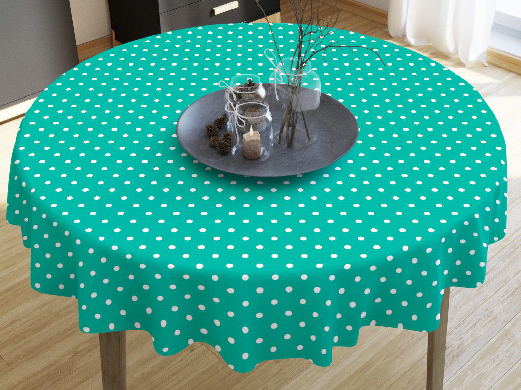 LONETA dekoratív asztalterítő - fehér pöttyös mentol alapon - kör alakú