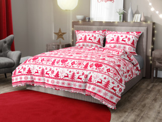 Karácsonyi pamut ágyneműhuzat - cikkszám B - 1068 piros színű karácsonyi szimbólumok fehér alapon