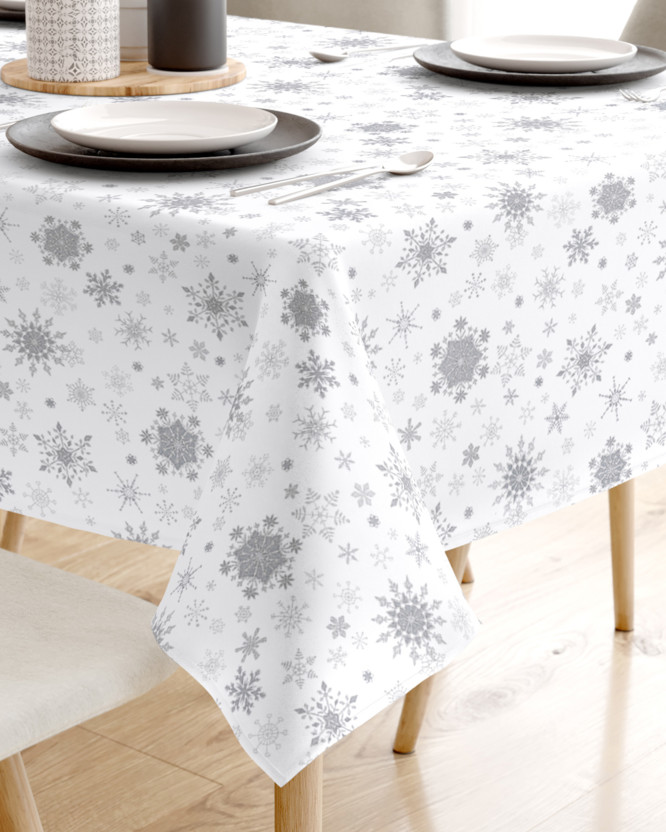 Karácsonyi pamut asztalterítő - ezüst hópihék fehér alapon