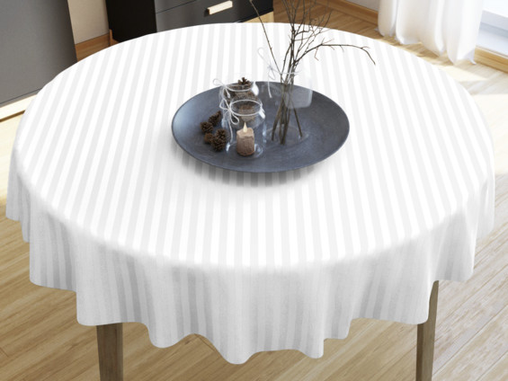 Damaszt asztalterítő - fehér csíkos - kör alakú