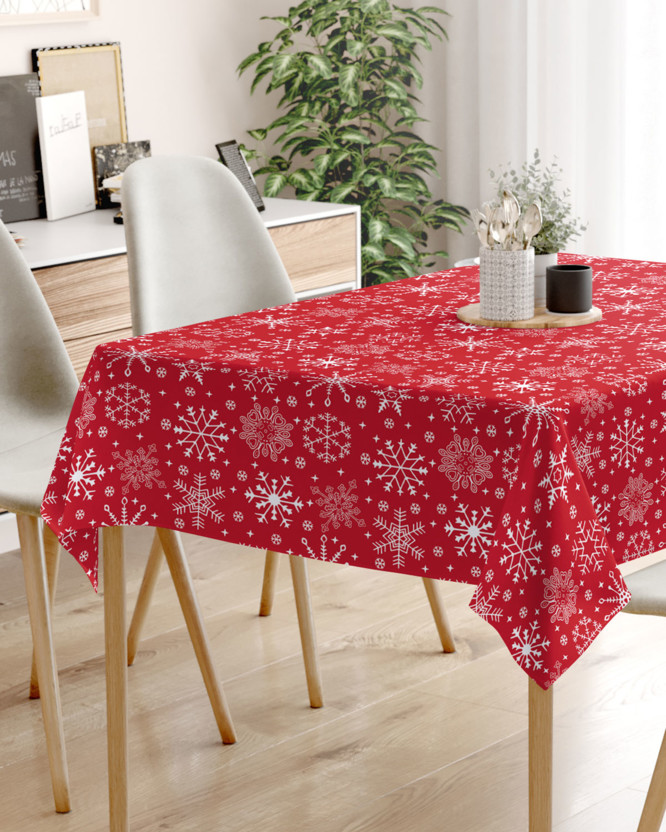 Karácsonyi pamut asztalterítő - hópihék piros alapon