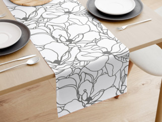 Pamut asztali futó - sötétszürke virágok fehér alapon