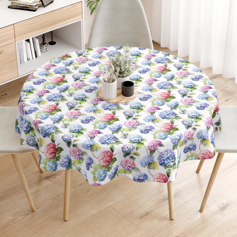 Loneta dekoratív asztalterítő - hortenzia virágok - kör alakú