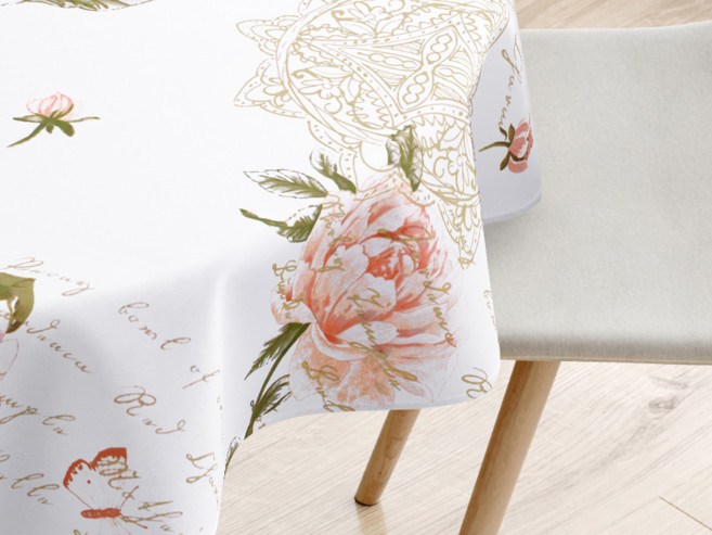 Pamut asztalterítő - pünkösdi rózsa virágmintás - kör alakú