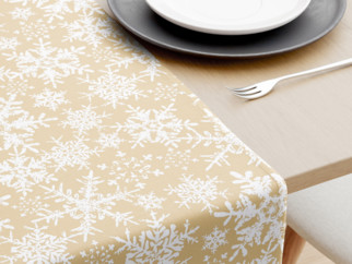 Karácsonyi pamut asztali futó - hópihék aranyszínű alapon