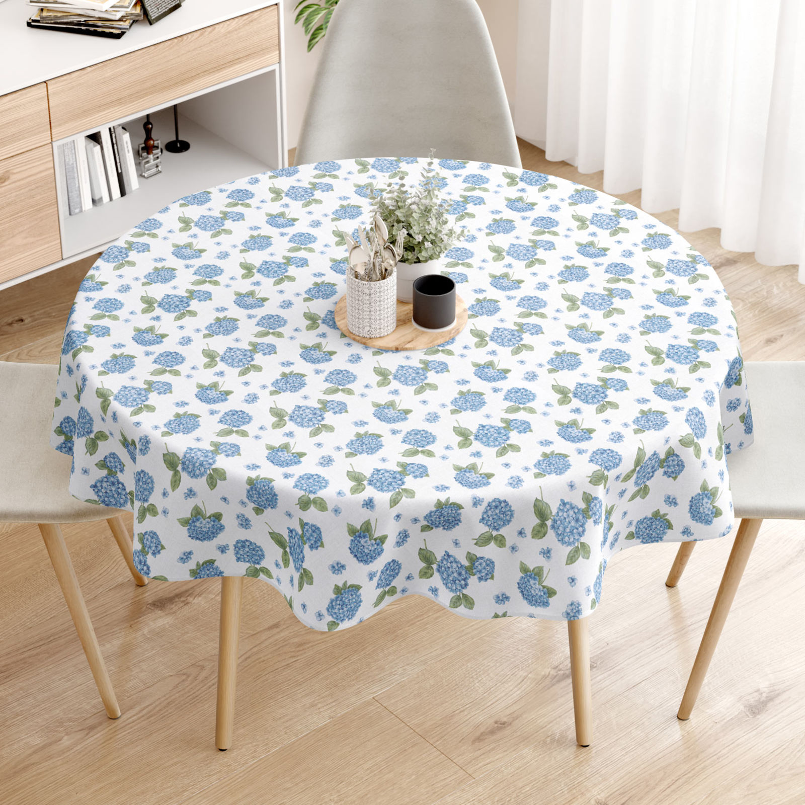LONETA dekoratív asztalterítő - kék hortenziák - kör alakú