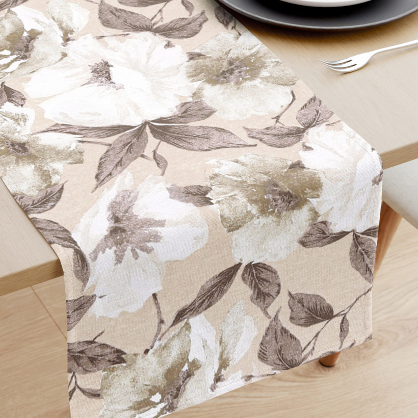 Loneta dekoratív asztali futó - barna - fehér virágok és levelek