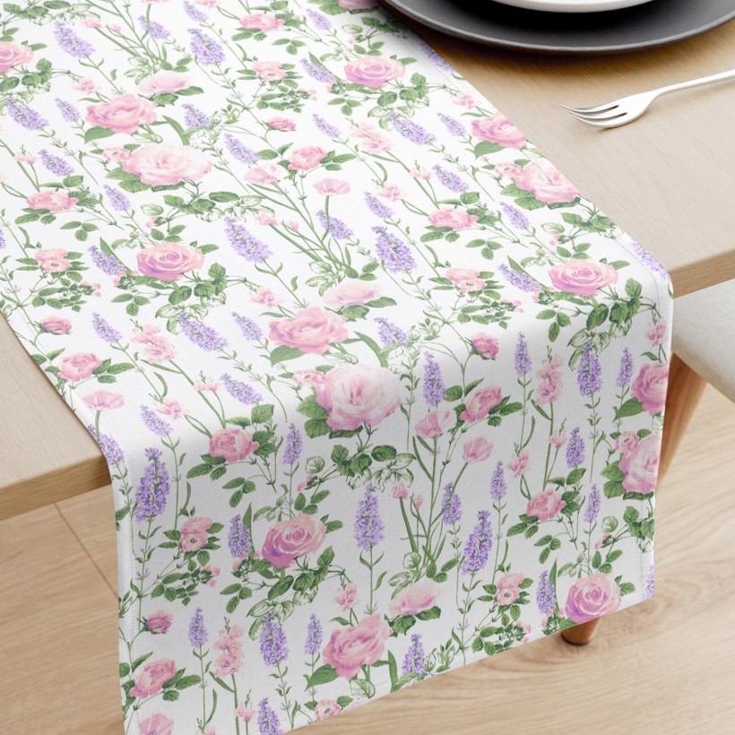 Pamut asztali futó - rózsa virágok és levandulák