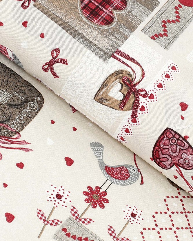 Karácsonyi dekoratív anyag Loneta - piros szívek - patchwork
