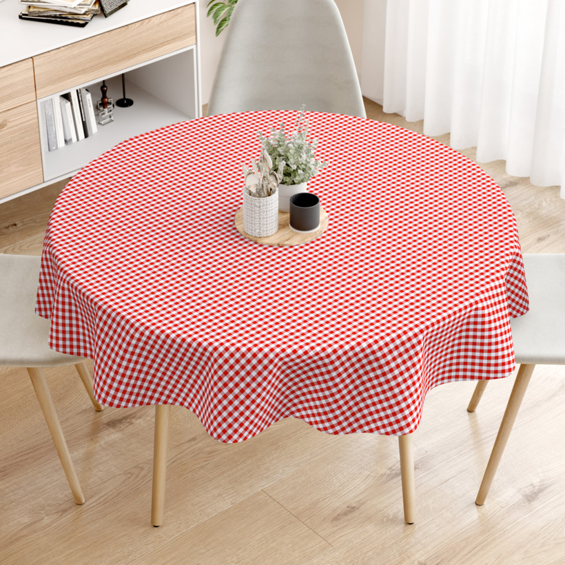 Pamut asztalterítő - piros - fehér kockás - kör alakú