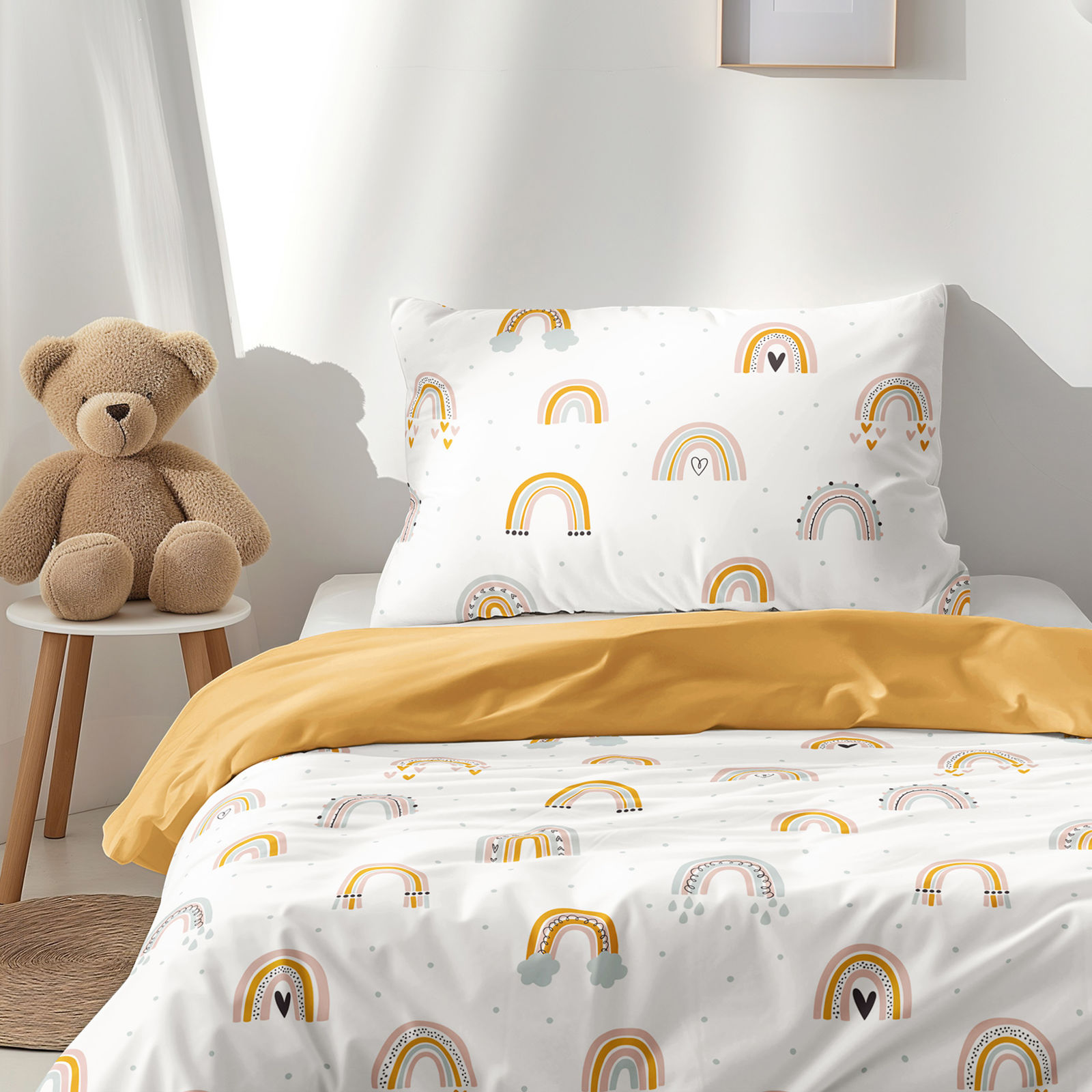 Gyermek pamut ágyneműhuzat Duo - festett szivárványok - mustárszínű hátoldal