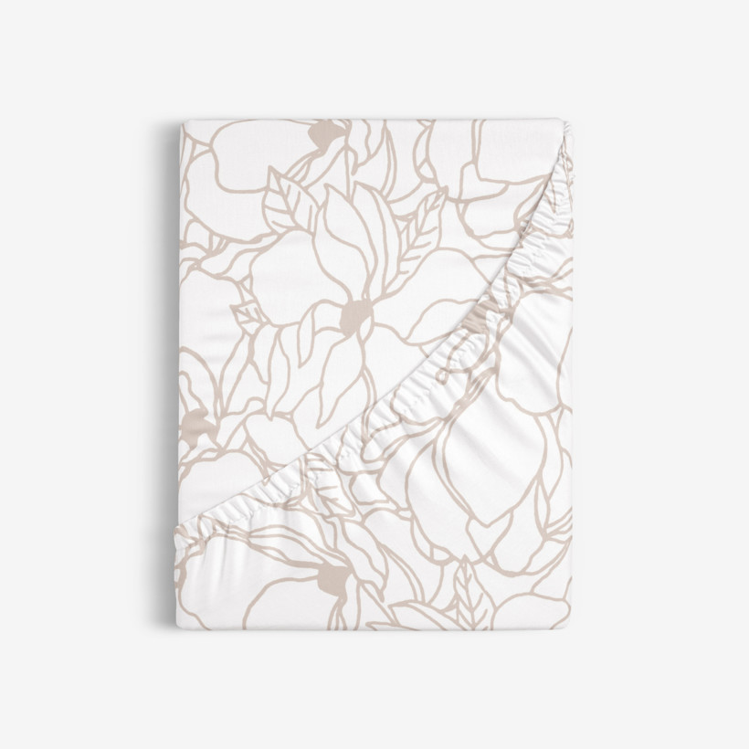 Pamut körgumis lepedő - világos bézs virágok fehér alapon