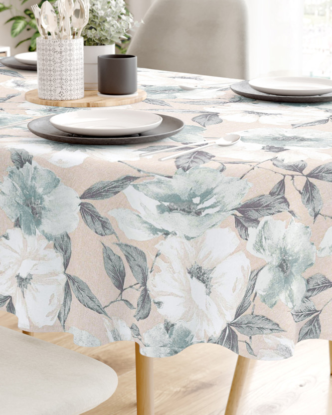 Loneta dekoratív asztalterítő - fehér és zsálya színű virágok - ovális