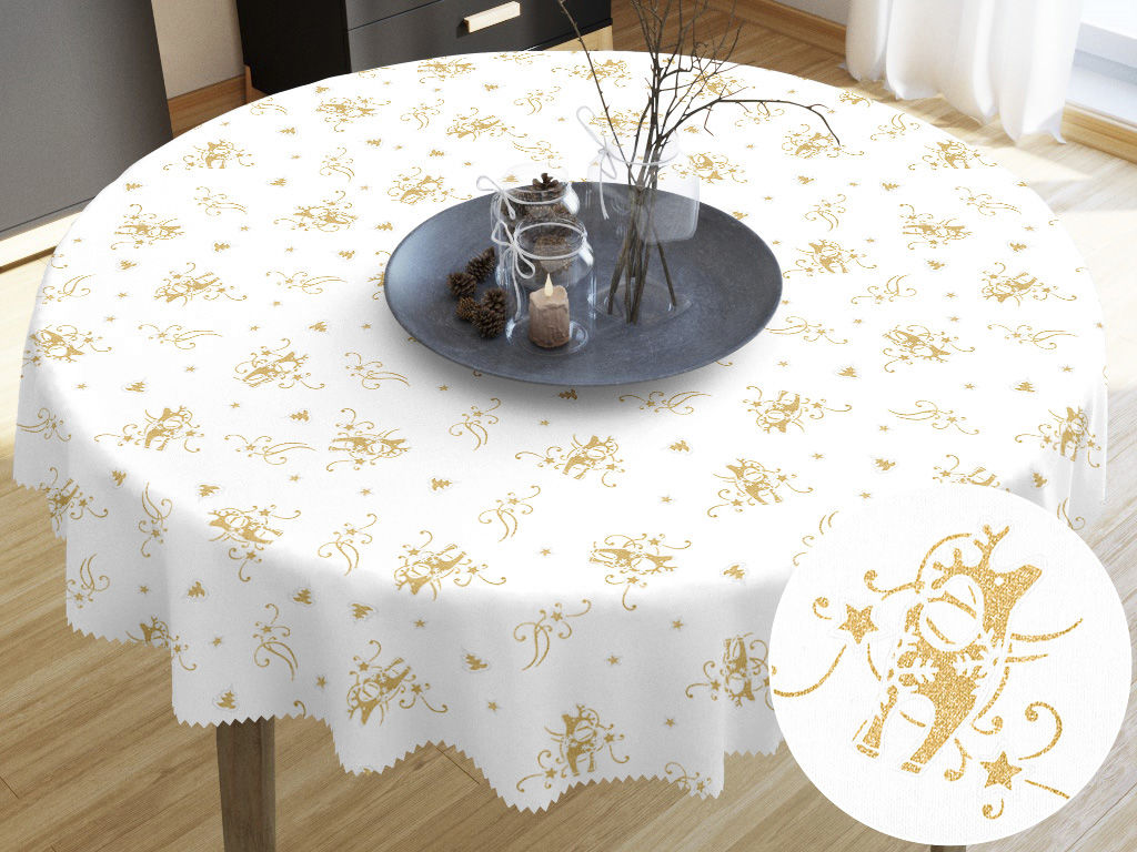 Teflonbevonatú asztalterítő - aranyszínű karácsonyi rénszarvasok fehér alapon - kör alakú