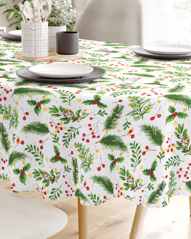 Karácsonyi dekoratív asztalterítő Loneta - fagyöngy mintás - ovális