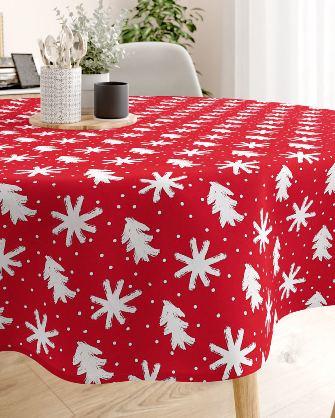 Karácsonyi pamut asztalterítő - hópihék és karácsonyfák piros alapon - kör