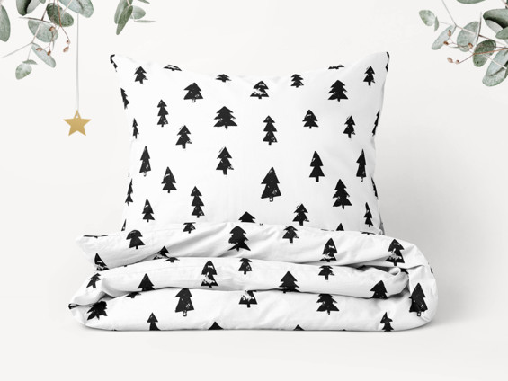 Karácsonyi pamut ágyneműhuzat - fekete karácsonyfák fehér alapon