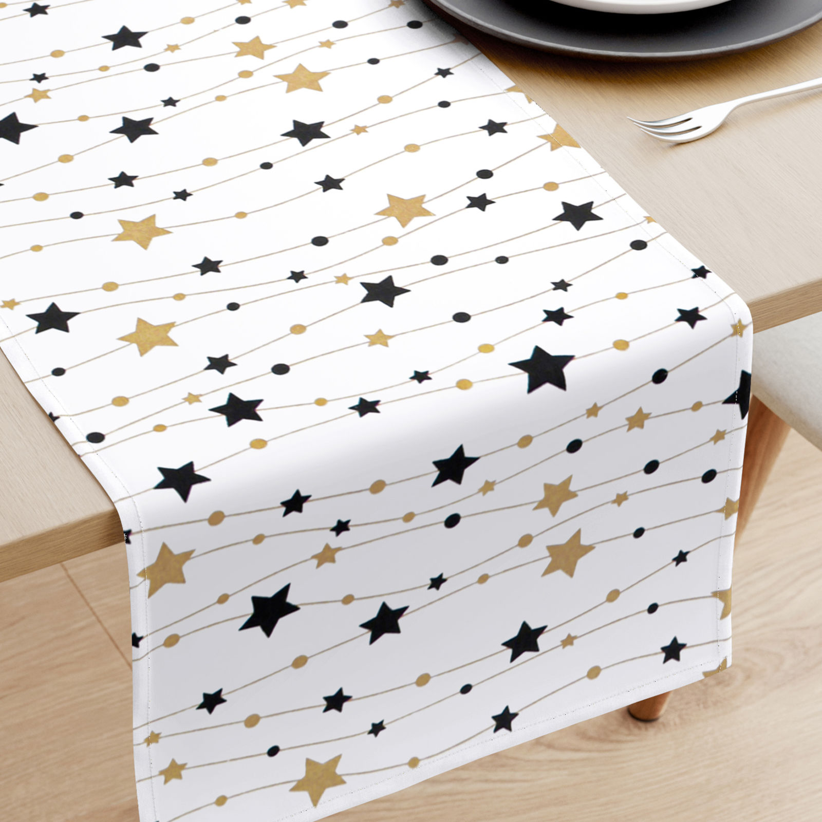 Karácsonyi pamut asztali futó - arany és fekete csillagok fehér alapon