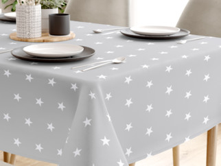 Karácsonyi pamut asztalterítő - fehér csillagok világosszürke alapon