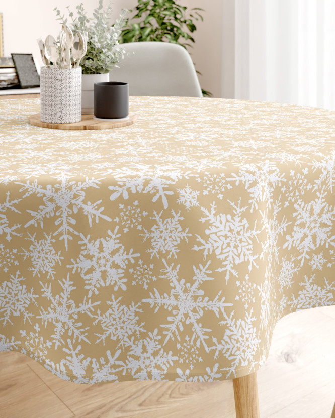 Karácsonyi pamut asztalterítő - hópihék aranyszínű alapon - kör alakú