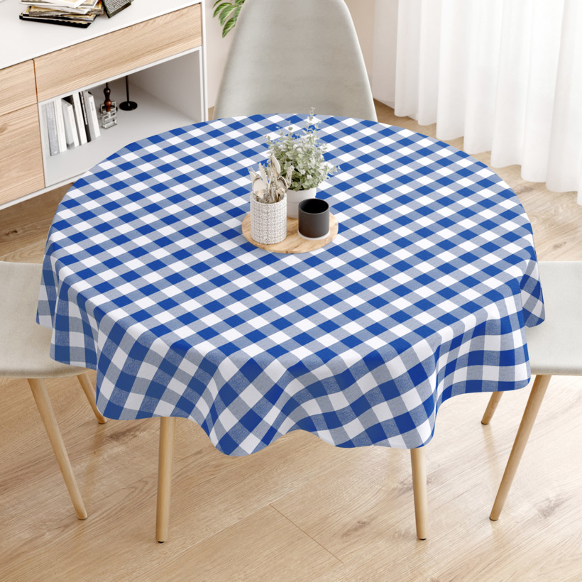 MENORCA dekoratív asztalterítő - nagy kék - fehér kockás - kör alakú