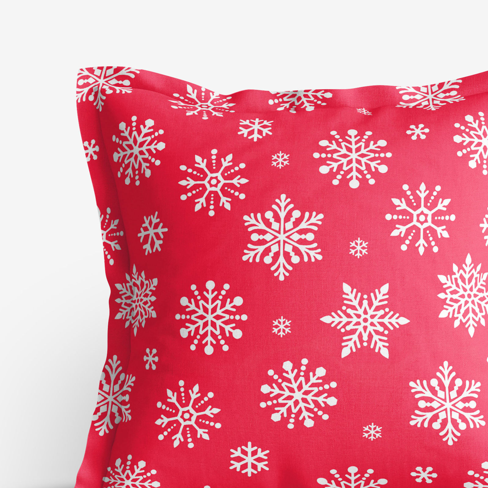 Karácsonyi pamut párnahuzat, dekoratív szegéllyel - hópihék tűzpiros alapon