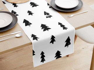 Karácsonyi pamut asztali futó - fekete karácsonyfák fehér alapon