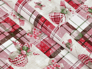 Karácsonyi dekoratív anyag VERONA - Karácsonyi dekorációk piros kockás alapon - szélesség 140 cm