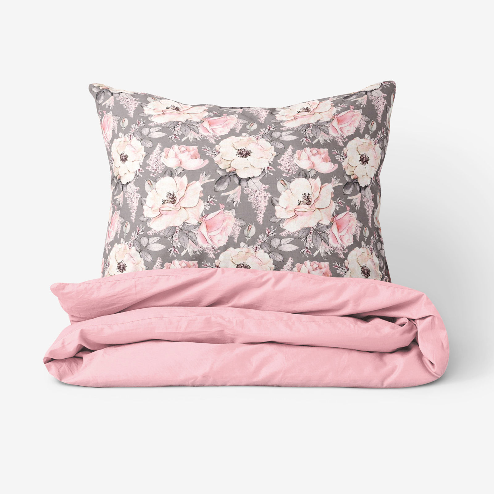 Pamut ágyneműhuzat Duo - régi rózsaszínű virágmintás - pasztell rózsaszín hátoldal