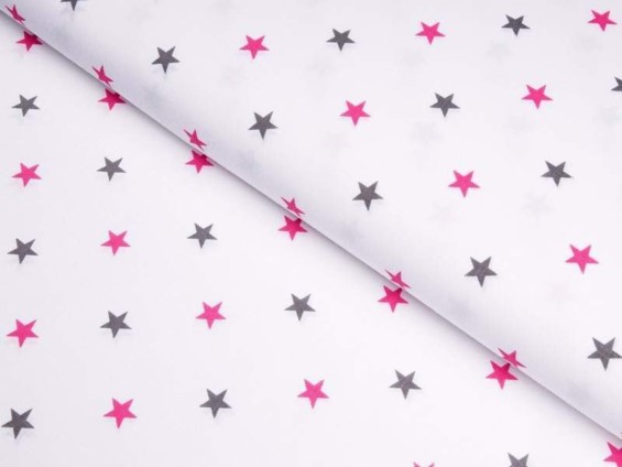 Pamutvászon SIMONA - szürke és rózsaszínű csillagok fehér alapon- méteráru szél. 160cm