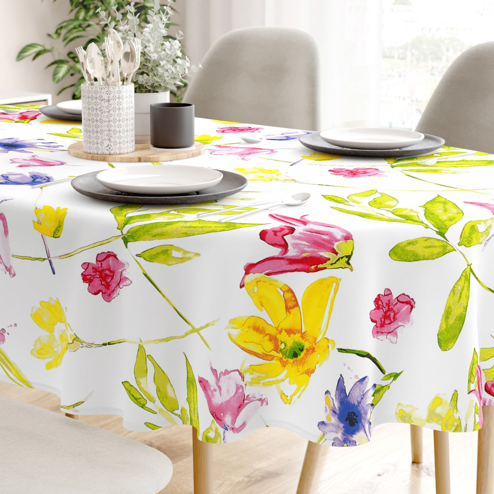Pamut asztalterítő - akvarell virágok - ovális