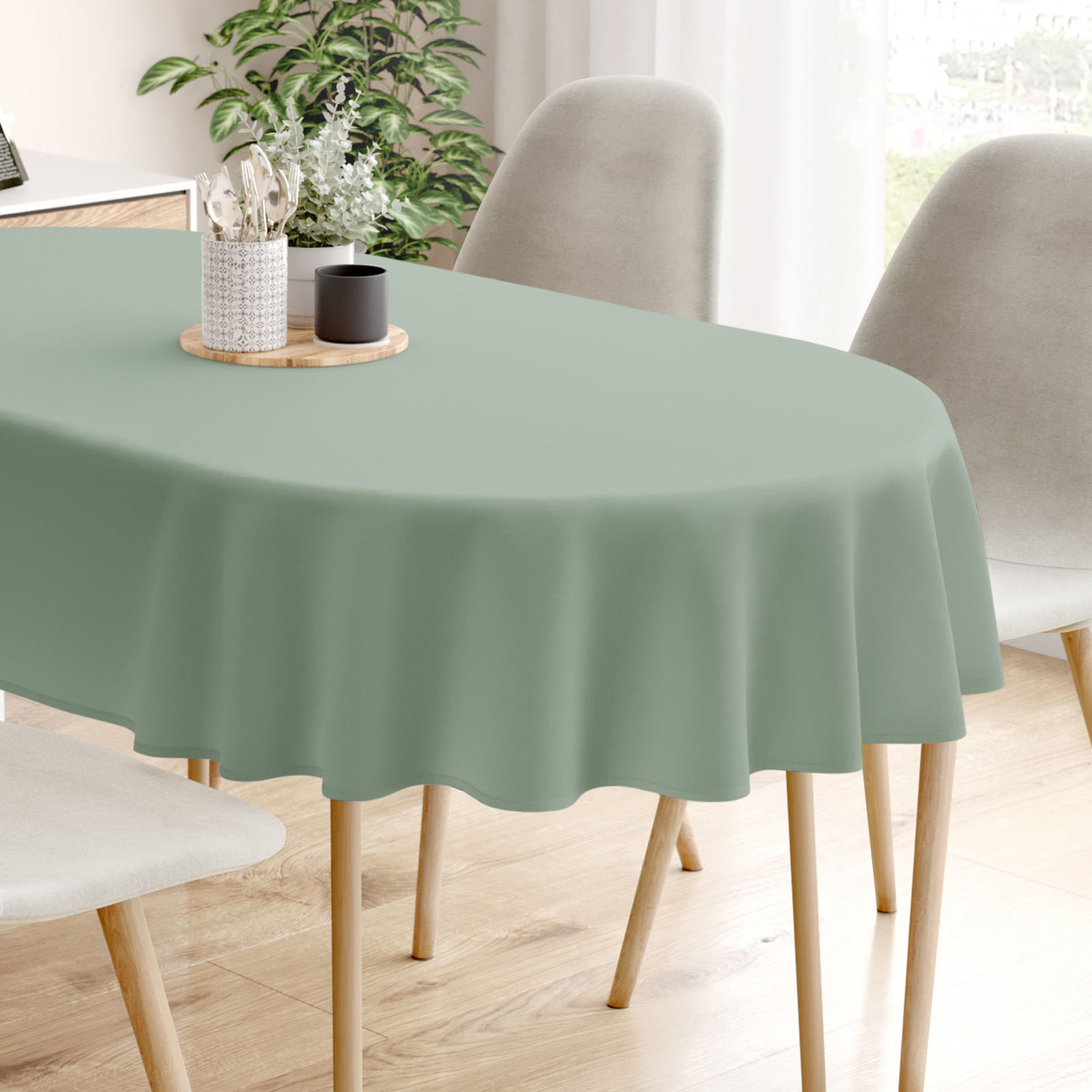 Pamut asztalterítő - Zsálya színű - ovális