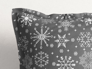 Karácsonyi pamut párnahuzat dekoratív szegéllyel - hópihe mintás szürke alapon