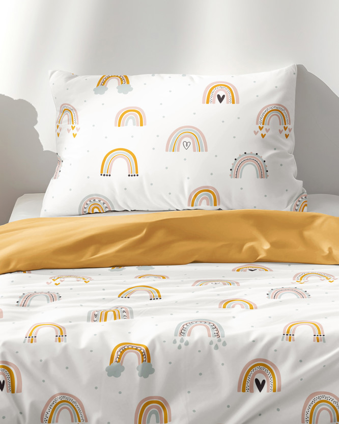 Gyermek pamut ágyneműhuzat Duo - festett szivárványok - mustárszínű hátoldal