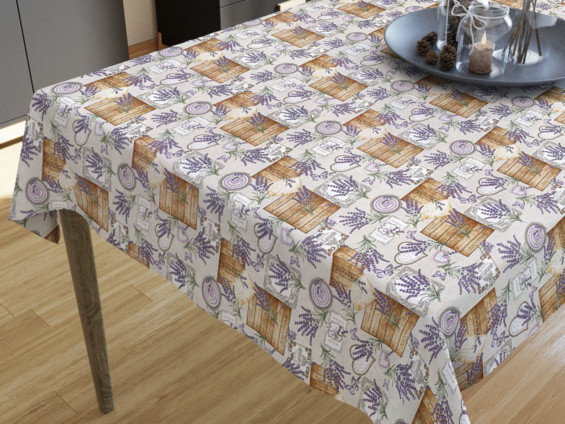 LONETA dekoratív asztalterítő - levandula mintás - vászonszövésű