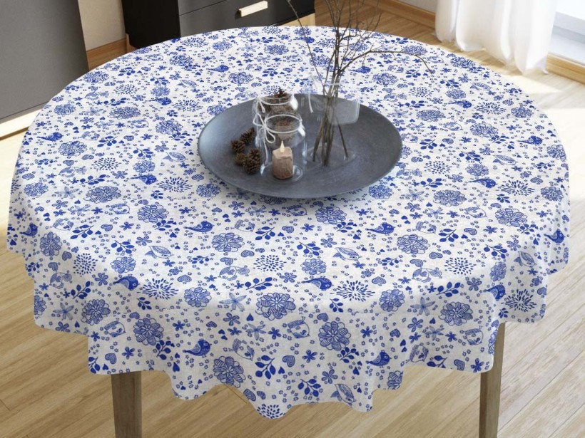 LONETA dekoratív asztalterítő - kék madarak és virágok - kör alakú