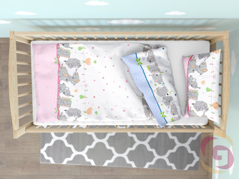 Gyermek pamut ágyneműhuzat kiságyba - cikkszám 620 rózsaszínű és kék elefántok