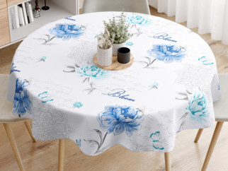 Pamut asztalterítő - kék pünkösdi rózsák és idézetek - kör alakú